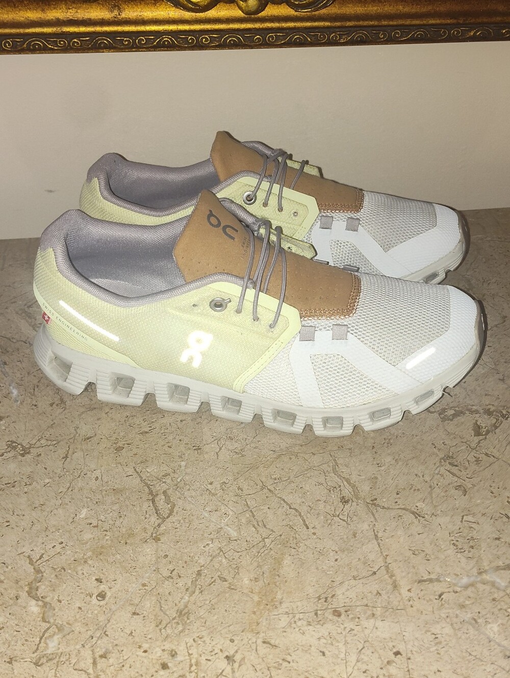 On Cloud 5 Hay Ice Womens Cloud Shoes in White, Tan and Pale Yellow